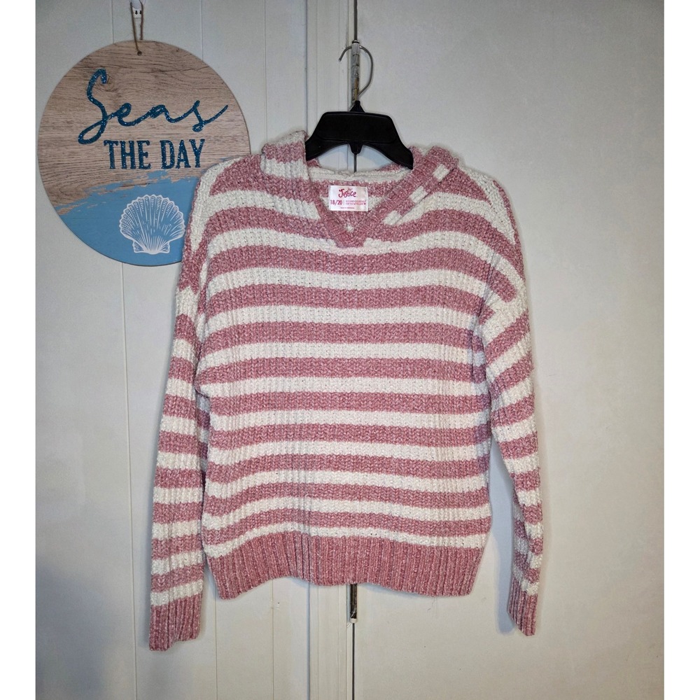 Justice Girls Pink White Striped Chenille Knit Hoodie Sweater Juniors 18/20